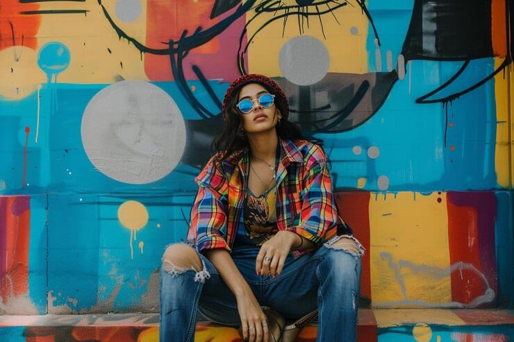 a woman in colored plaid shirt with a jean